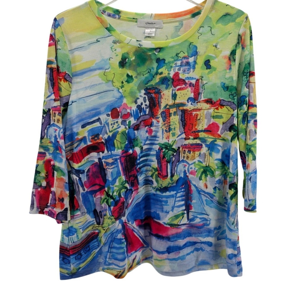 CJ Banks Women XP Preppy Vibrant Beachy 3/4 Sleeve Ribbed Top Art to Wear 14W